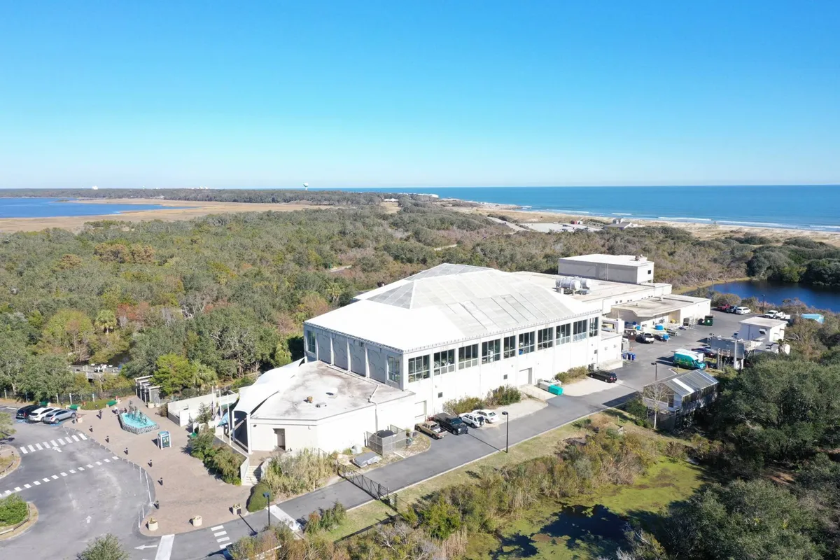 A large building surrounded by lush greenery and boasting a coastal view, with easy parking access. The scene suggests a welcoming environment for visitors to explore, blending nature and local amenities. The serene backdrop hints at a state park or nature facility ideal for hiking, biking, or wildlife observation.